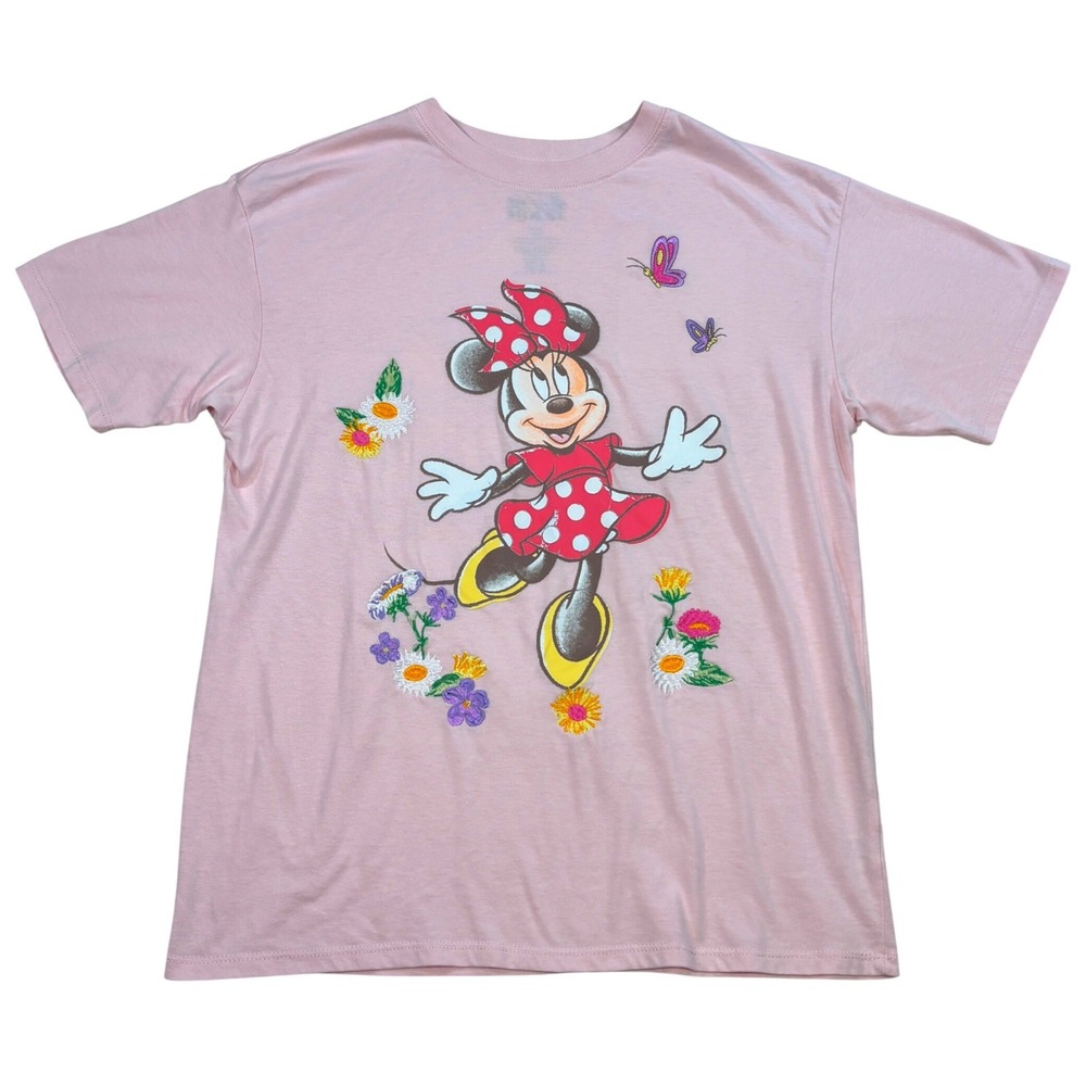 Disney Minnie Mouse Pink Embroidered Floral Graphic T-Shirt Women M Short Sleeve